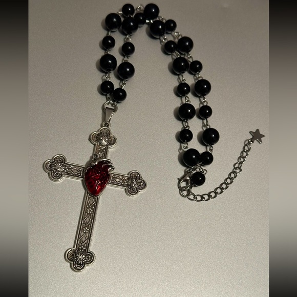 Heart Cross Pendant Necklace Goth Large Big Black Beaded Choker Adjustable New - Picture 10 of 14